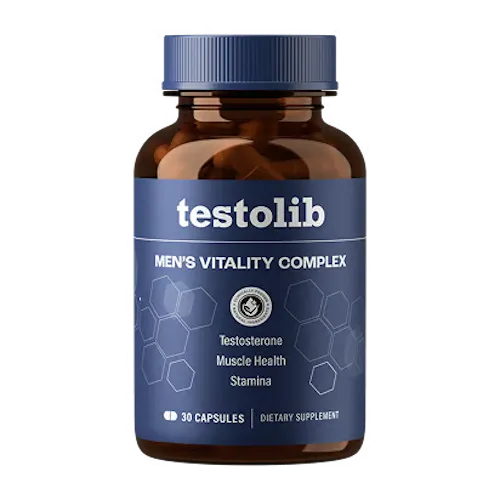 TestoLib Men's Vitality Complex bottle label showing testosterone, muscle health and stamina support ingredients