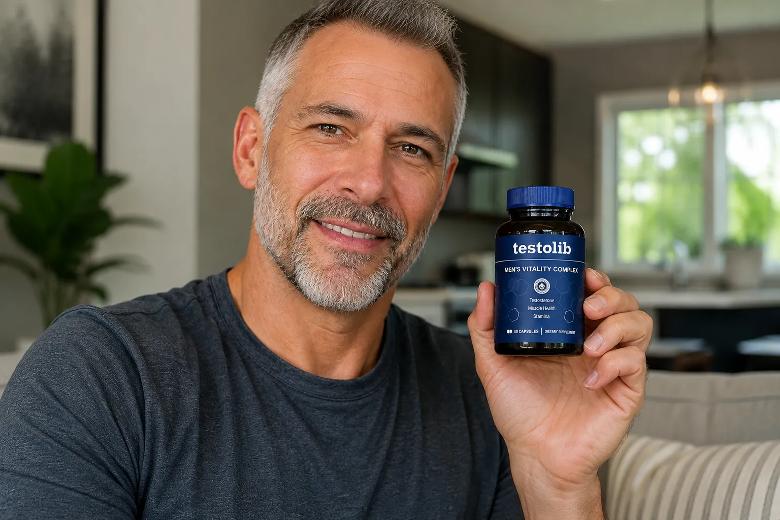 Smiling middle-aged man holding a bottle of TestoLib men's vitality complex daily supplement