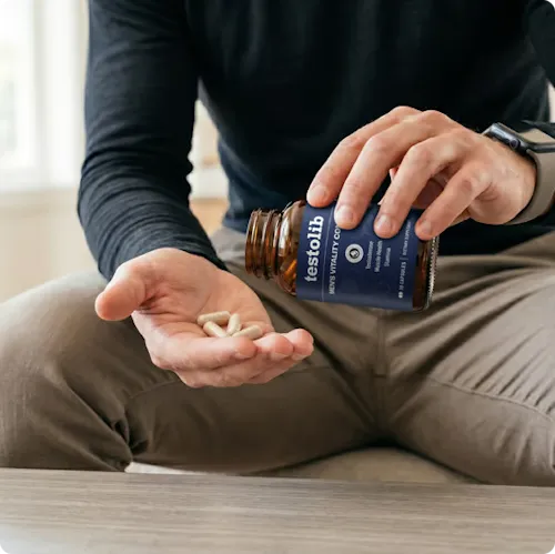 Man pouring a TestoLib capsule into his hand for his daily vitality routine